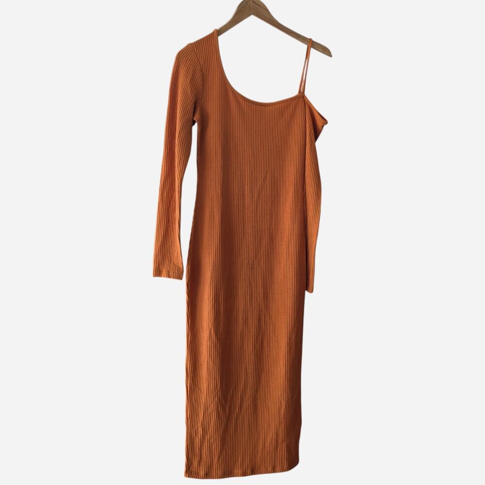 Women's Orange Cold Shoulder Long Sleeve Ribbed Bodycon Midi Sheath Dress Large